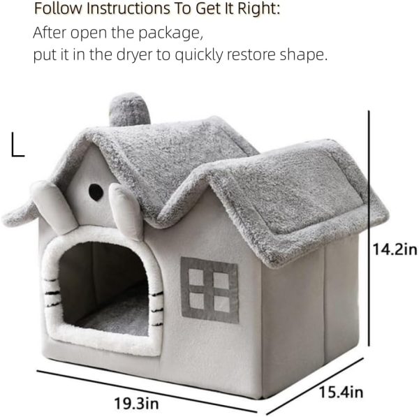 Luxury Double Roof Indoor Dog House Cat Nest,Foldable Warm Soft Kennel,30D High Elastic Memory Sponge,Removable Cushion and Non-Slip Bottom (Grey Double Roof, L) - Image 2
