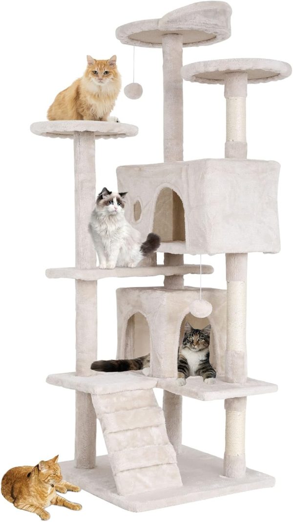 54in Multi-Level Cat Tree Tower Furniture Activity Center with Scratching Posts, Toys and Condo for Indoor Kittens, Beige
