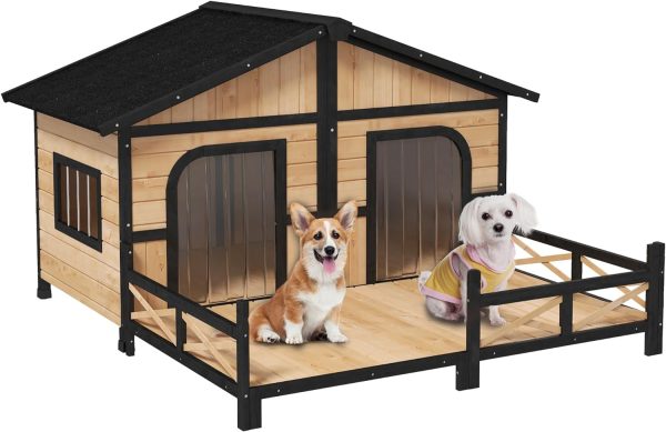 Wooden Large Dog House Outdoor Double XL Dog Kennel with Elevated Floor and Porch, Weatherproof Puppy Shelter for Small and Medium Breed Dogs, Natural