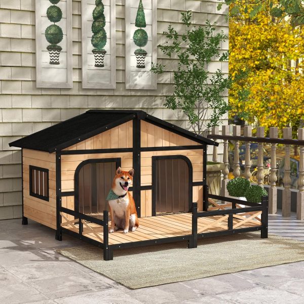 Wooden Large Dog House Outdoor Double XL Dog Kennel with Elevated Floor and Porch, Weatherproof Puppy Shelter for Small and Medium Breed Dogs, Natural - Image 2